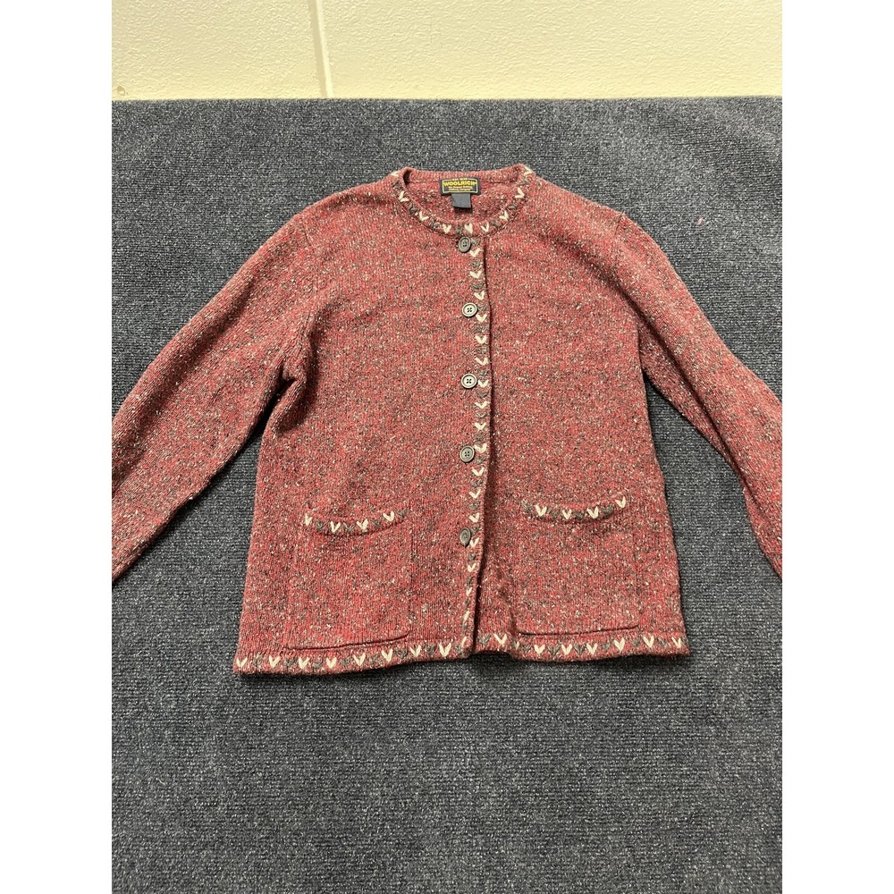 Vintage Woolrich Sweater Womens Medium Red Ruby Cardigan Ramie Wool Knit 90s